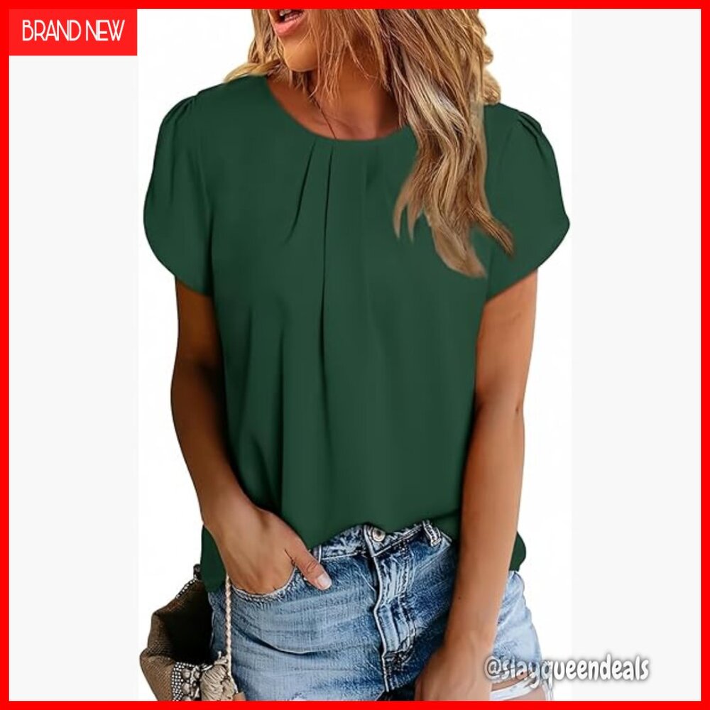 Lightweight Pleated Chiffon Blouse, Short Sleeve, Loose Fit, Curved Back